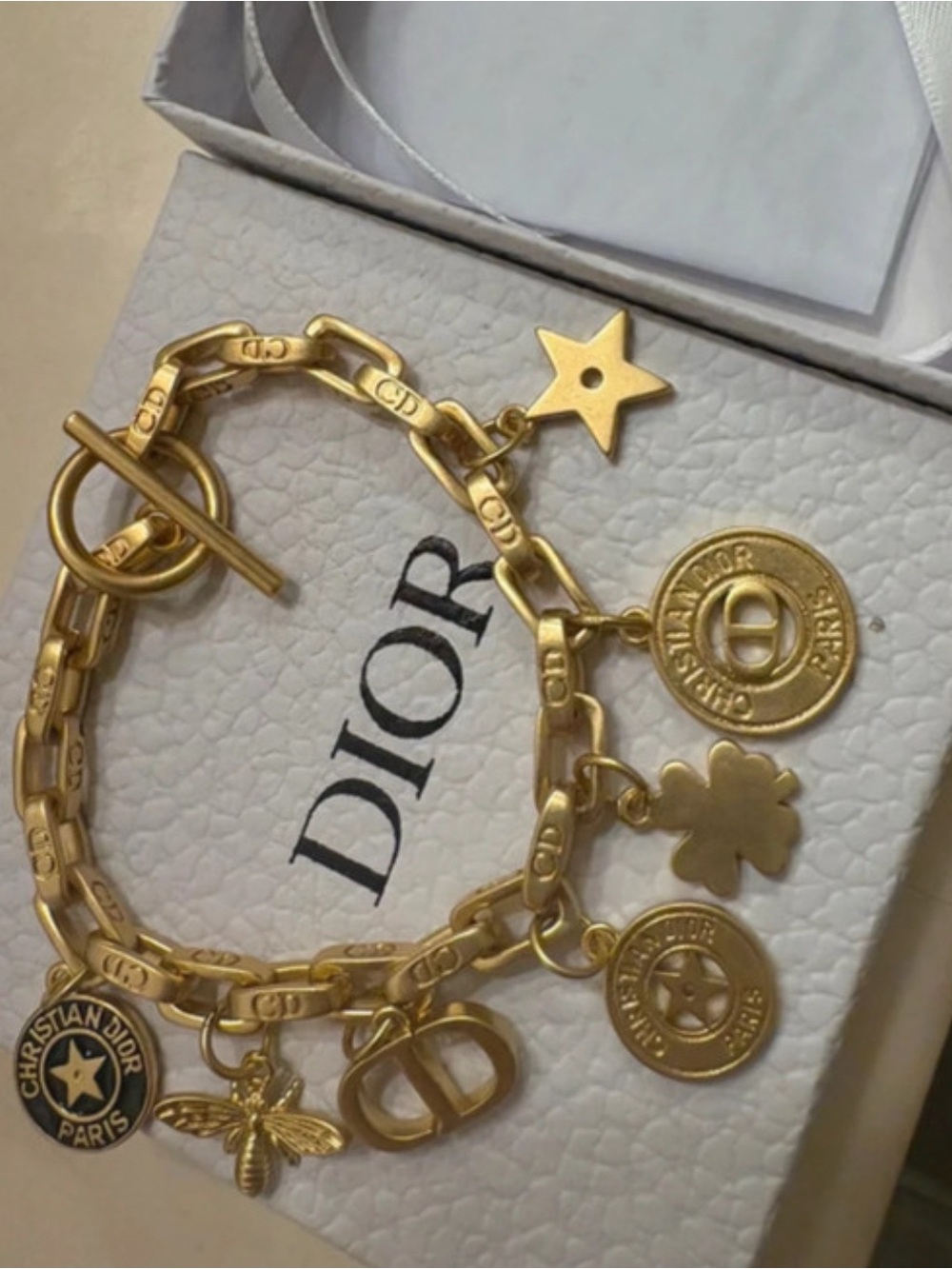 Dior Gold Link Charm Bracelet with Coin, Bee & Star Charms